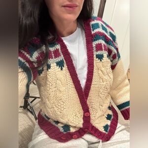 Vintage Cozy Cream and Burgundy Knit Sweater